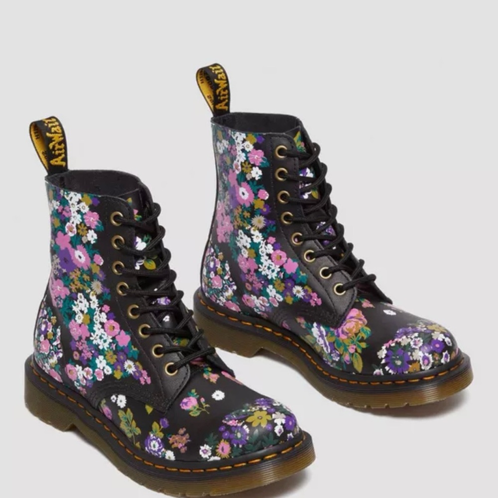 Dr. Martens Women's Floral Combat Boots - Black, pink and Purple